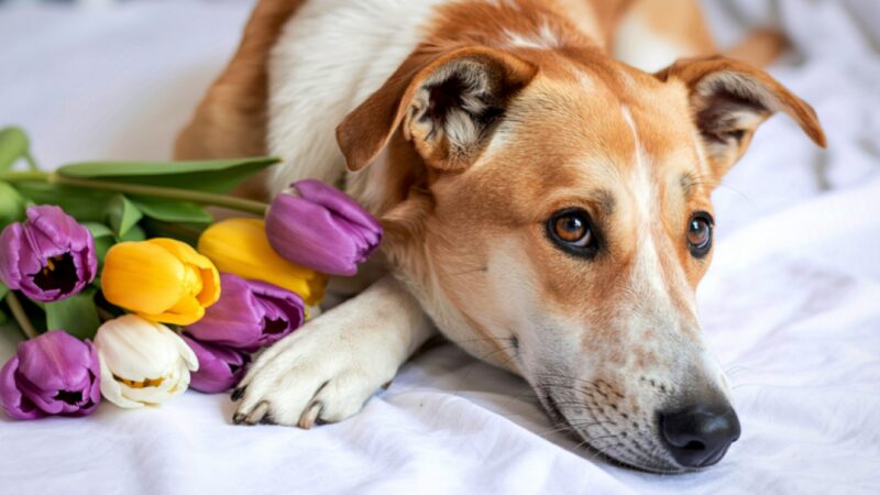 チューリップと伏せている犬
